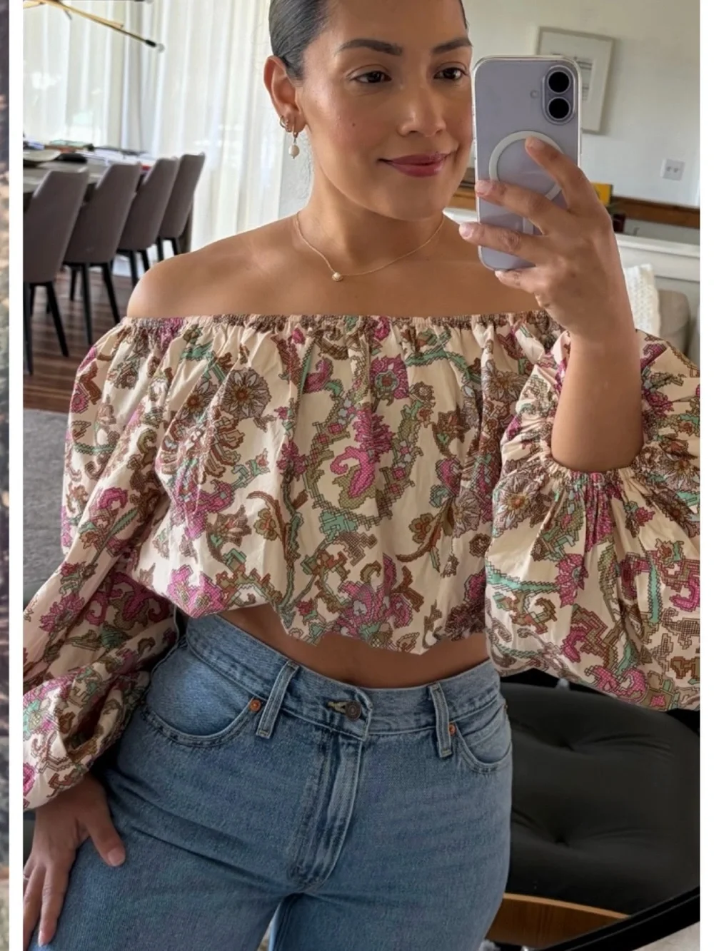 Free People Off-Shoulder Peasant Blouse in Cream with Pink & Brown Paisley